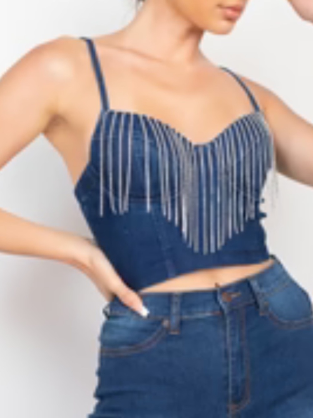 Haute Monde Rhinestone Fringe Blue Denim Coachella Festival Corset Size Medium